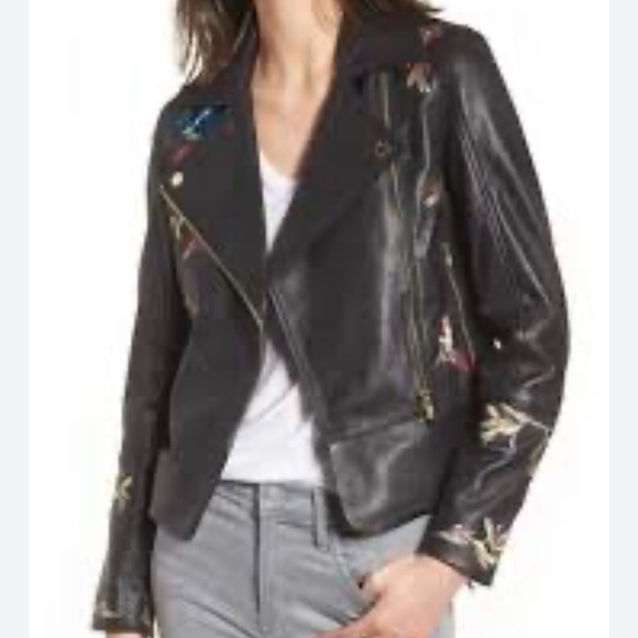 Ted Baker Black Leather Jacket with Floral Embroidery Size 3 equals US Size 8 - Picture 5 of 10